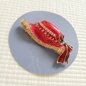 Vintage Red Enamel, rhinestones Fancy Hat Brooch,large,2 1/7, mint